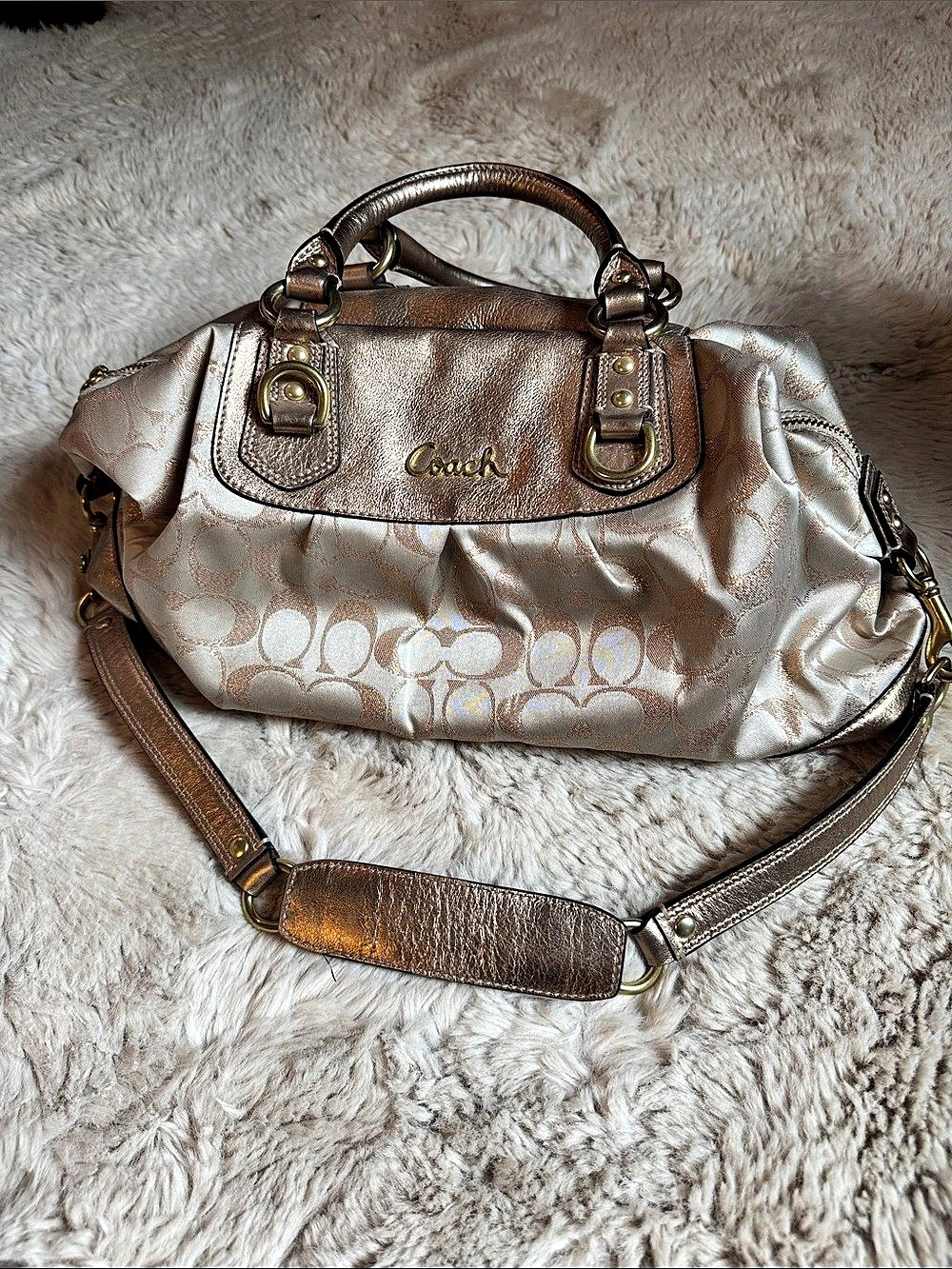 Coach Metallic Signature Shoulder Bag Gold & Purple